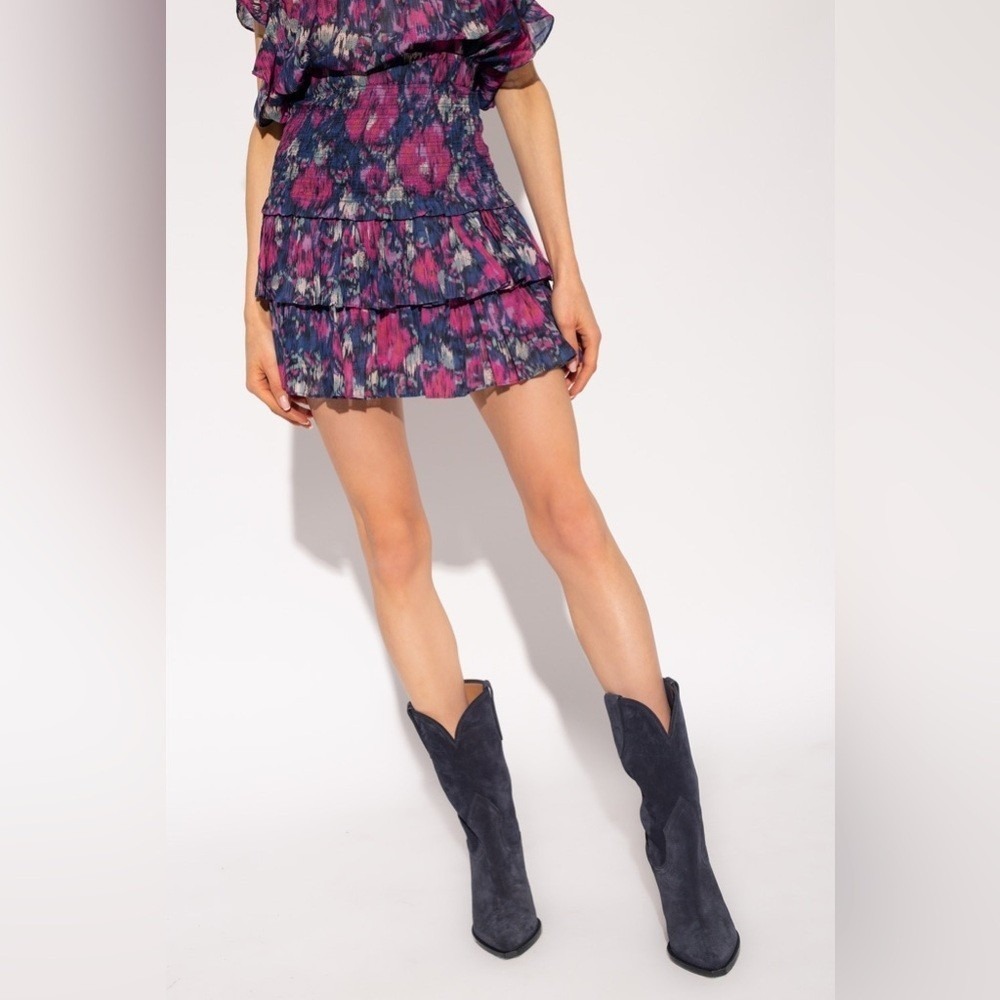 Isabel Marant Etoile‎ Naomi Smocked Ruffle Blue Pink Skirt Size 34